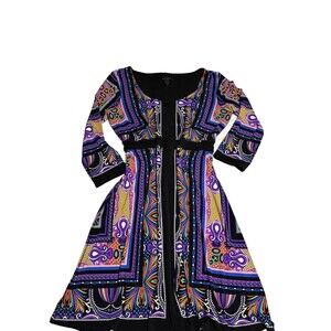Eva Varro Women's 3/4 Sleeve Black Multicolor Geometric Paisley Midi Dress Large